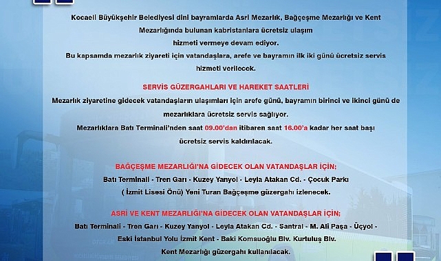 Büyükşehir’den bayramda mezarlıklara fiyatsız ulaşım